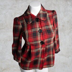 XX3 Red Plaid Wool Blend Floral Lined 3/4 Semi Poof Sleeves Collared Coat/Jacket